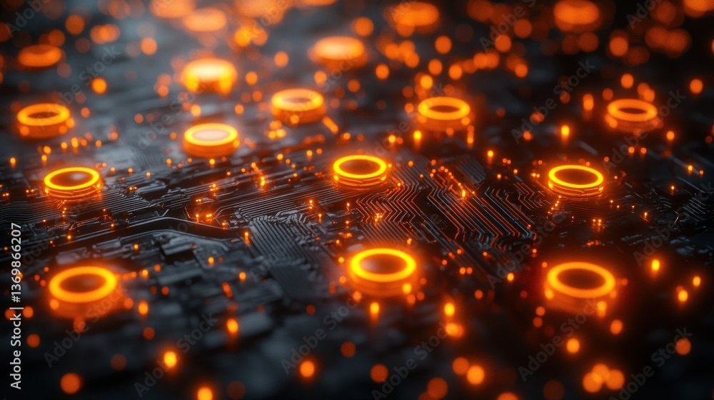 Poster abstract circuit board: glowing orange nodes and pathways