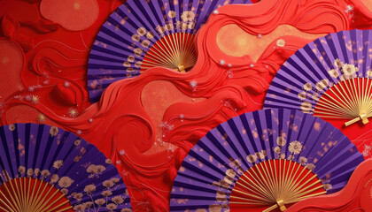 Colorful decorative fans with floral patterns on a vibrant red background, perfect for cultural art and textile design concept