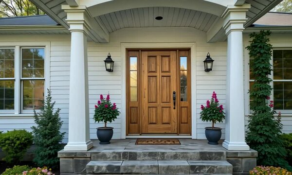 Classic wooden front door with columns and potted plants. 