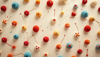 Colorful textile pom-poms and decorations on a light background, perfect for playful art and creative design concept