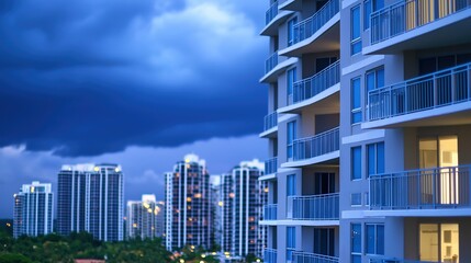 Fototapeta premium Modern Urban Skyline Under Dark Clouds