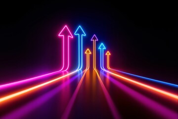 Multiple neon arrows in vibrant colors pointing upward with glowing trails, futuristic digital style on dark background, concept of growth and success, Ai generative