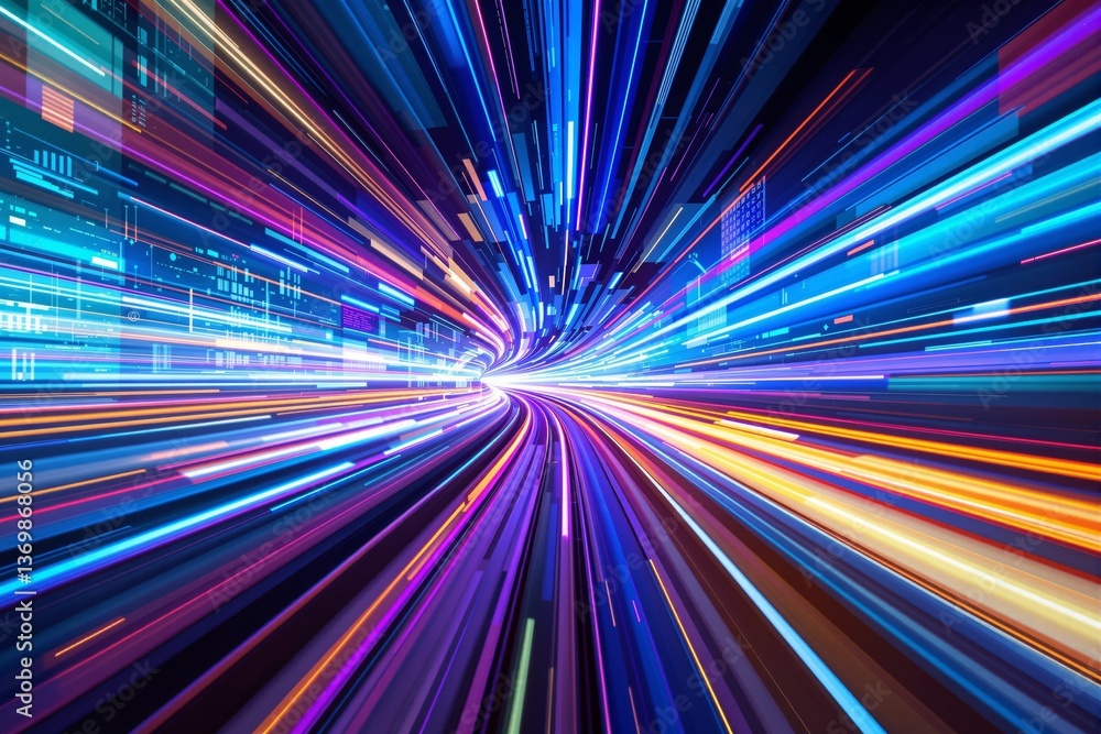Poster neon light trails moving at high speed through a digital tunnel with data elements, futuristic creat