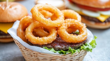 Golden Onion Rings Stacked on Burger in Wicker Basket, food, restaurant
