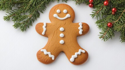 Gingerbread Man Portrait Festive Holiday Cookie with Evergreen and Berries, Christmas, Baking