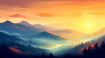 Obraz premium Majestic Mountain Range Sunset Landscape Painting