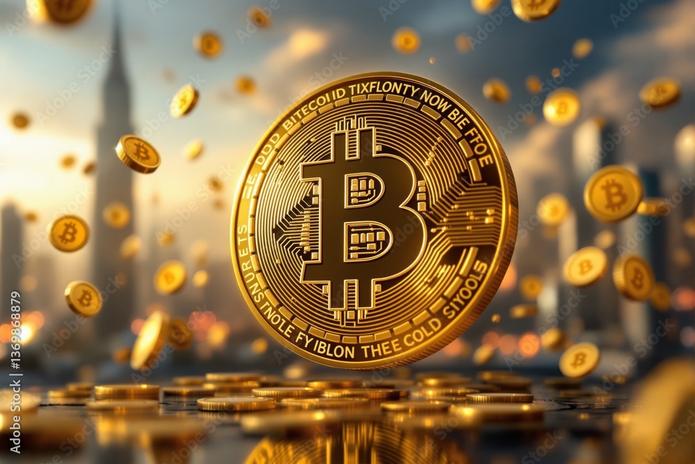 Poster shiny golden bitcoin coin with circuit pattern surrounded by floating coins, set against a city skyl