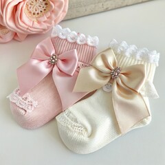 Delicate Baby Socks with Bows and Lace Trim in Soft Pastel Colors