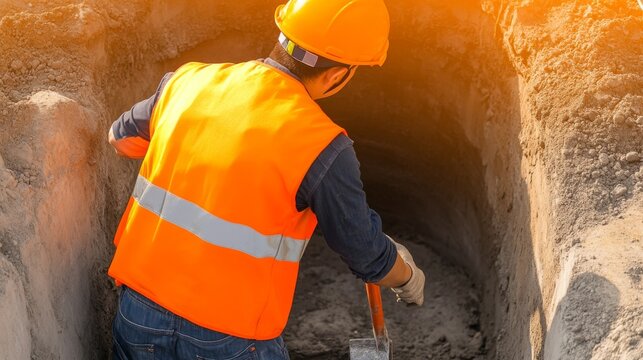 Construction Worker Digging Trench Safety Gear, Manual Labor ,Construction ,Digging