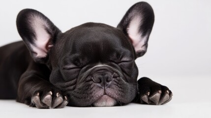 Close-up of Sleeping Black French Bulldog Puppy on White, Pets , Dogs