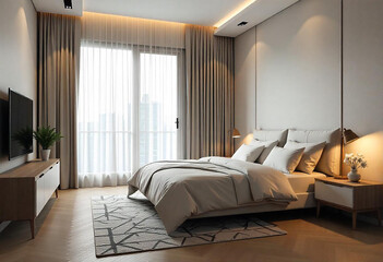 Modern minimalist bedroom with cozy lighting, large window, and elegant decor. Neutral tones create a warm and inviting atmosphere for relaxation.