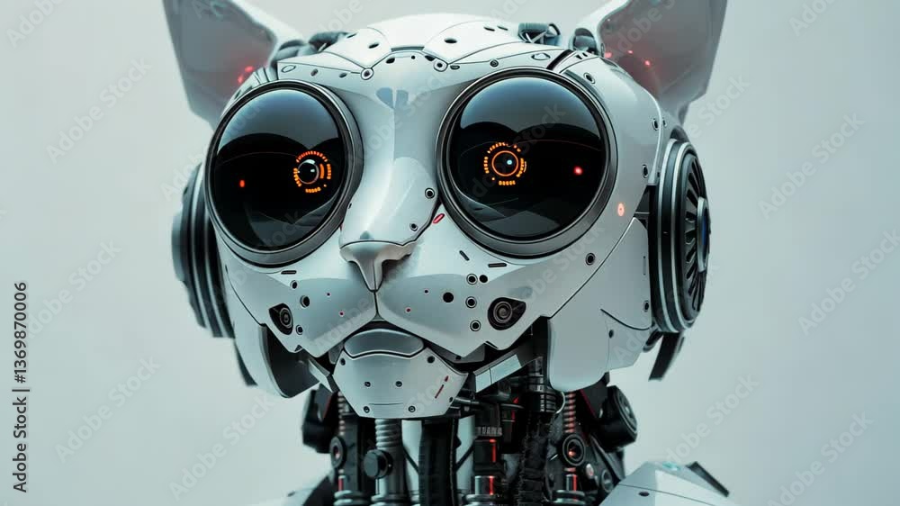 Poster a sleek robotic cat features intricate details and large, expressive eyes, highlighting the fusion o