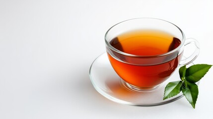 Clear Cup of Black Tea with Green Leaf, Still Life, Wellness , Beverage