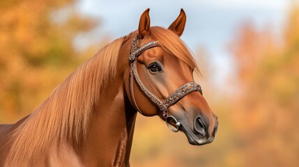 Obraz premium Chestnut Beauty Portrait of an Arabian Horse with Ornate Bridle, equine , animal