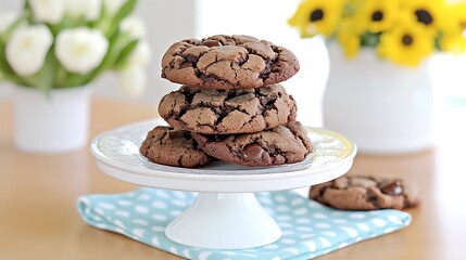 Fototapeta premium Delicious Rich Chocolate Cookies on White Cake Stand with Fresh Milk and Charming Flowers