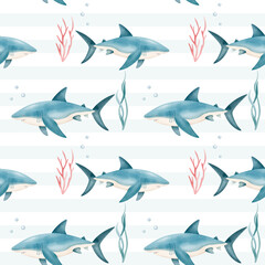 Obraz premium Seamless pattern with watercolor shark. Cute marine animals watercolor pattern. Hand drawn background with underwater characters.