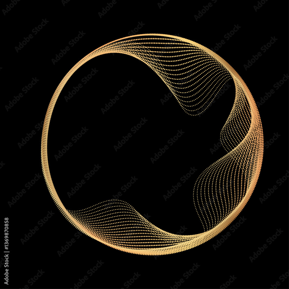 Poster Abstract circle wave lines, gradient light equalizer gold wavy curve. Flowing dots particles round frame isolated on black background. Editable stroke. Luxury vector illustration with copy space