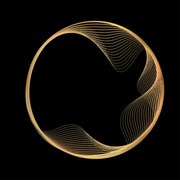 Abstract circle wave lines, gradient light equalizer gold wavy curve. Flowing dots particles round frame isolated on black background. Editable stroke. Luxury vector illustration with copy space