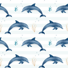 Seamless pattern with watercolor dolphin. Cute marine animals watercolor pattern. Hand drawn background with underwater characters.