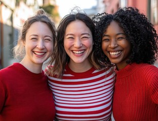 Three women happily pose for a picture on a lively city street