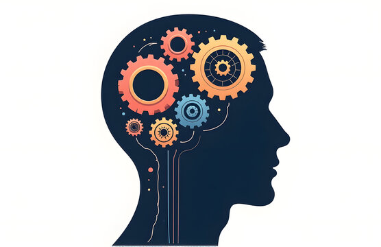 Gears And A Human Head Silhouette Illustrate The Mechanism Of Thinking As A Complex Thinking Skill And Method Concept.