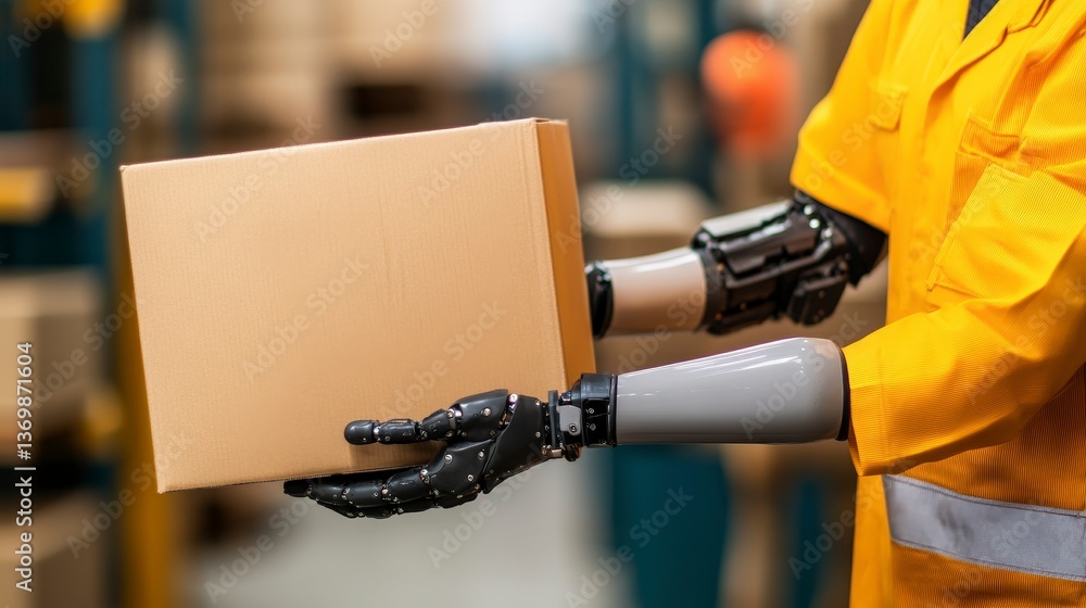 Poster warehouse collaboration between human workers and advanced ai robots in action