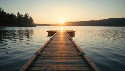 Fototapeta premium Empty Wooden Pier Extending into Tranquil Lake, Gentle Ripples in Water, Soft Warm Light from Setting Sun, Serene and Peaceful Atmosphere