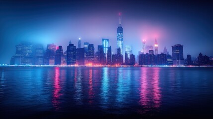Fototapeta premium Nightfall in Manhattan: A Neon Dreamscape