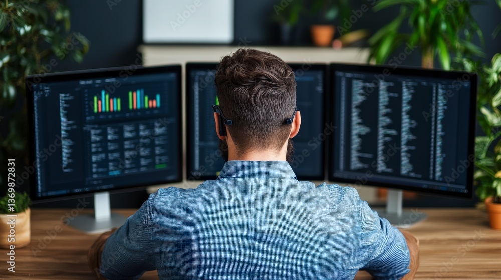 Poster supervisor managing workflow with real-time monitoring on multiple screens in a modern office