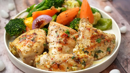 Roasted Chicken in plate on wooden table, Garlic Chicken on plate in wooden table