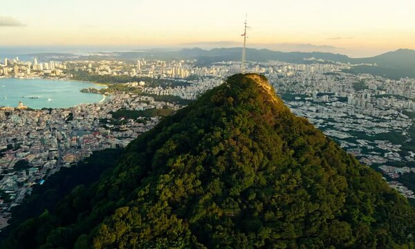 Aerial Landscape of Sugarloaf Mountain at Downtown in Rio de Janeiro Brazil. Nautical Vessel Tijuca.