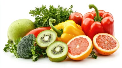 Fresh organic fruits and vegetables isolated on a clean white background.