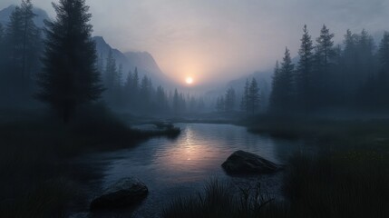 Obraz premium The first light of dawn illuminated the quiet landscape