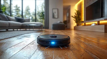 Robotic Vacuum Cleaner Navigating Living Room with Modern Design and Bright Lighting