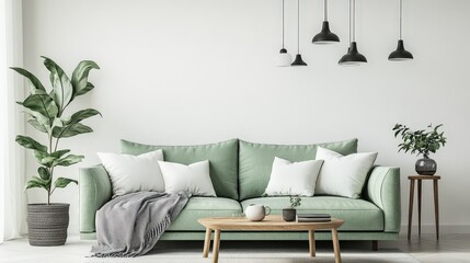 Serene living room: light green sofa, cozy blanket, lush plants, and stylish lighting create a tranquil, inviting space