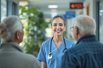 Smiling nurse in scrubs talks to elderly couple in hospital hallway with green background, promoting trust, care, and healthcare support. Ai generative