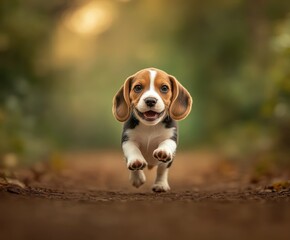 Beagle puppy joyfully running down the path