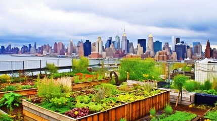 Fototapeta premium Urban Rooftop Garden with City Skyline View