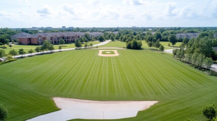 Aerial view of baseball field, residential area