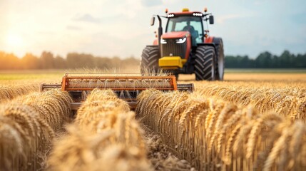 Obraz premium Tractor cultivating ripe wheat field at sunset