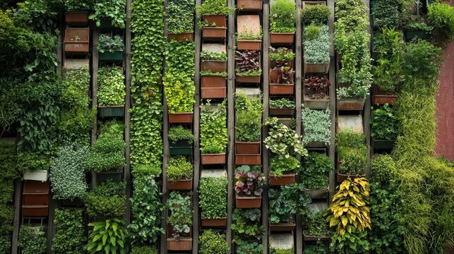 A vibrant green living wall displaying various plants in planters