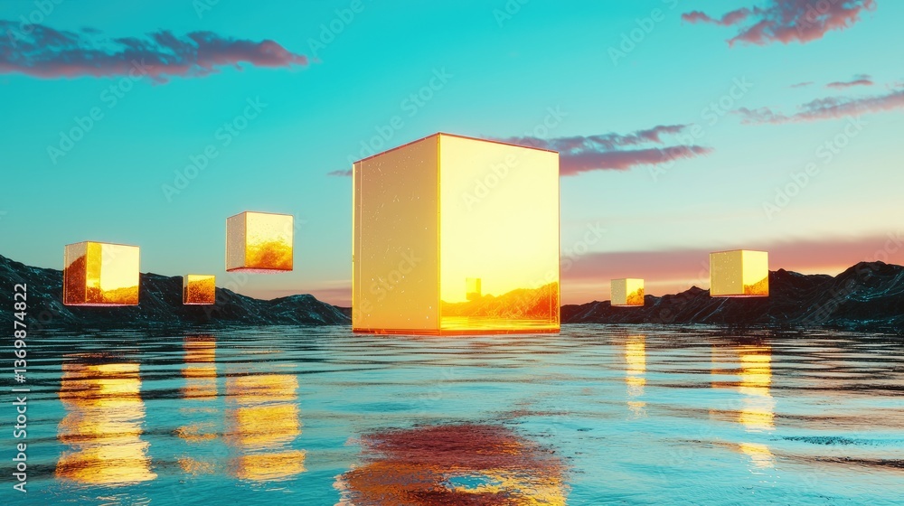 Poster glowing 3d digital cubes floating in a futuristic network, symbolizing ai and blockchain technology.