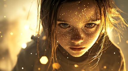 A captivating close up portrait of a young woman with floating glitter particles illuminated by a soft golden light creating a surreal and enchanting atmosphere