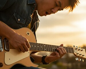 Close up of a guitarist playing music outdoors at dusk, Live music on street.