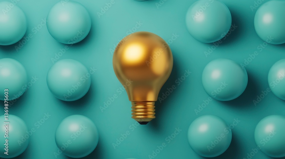 Poster floating golden lightbulb above turquoise grid of circular elements for creative concepts
