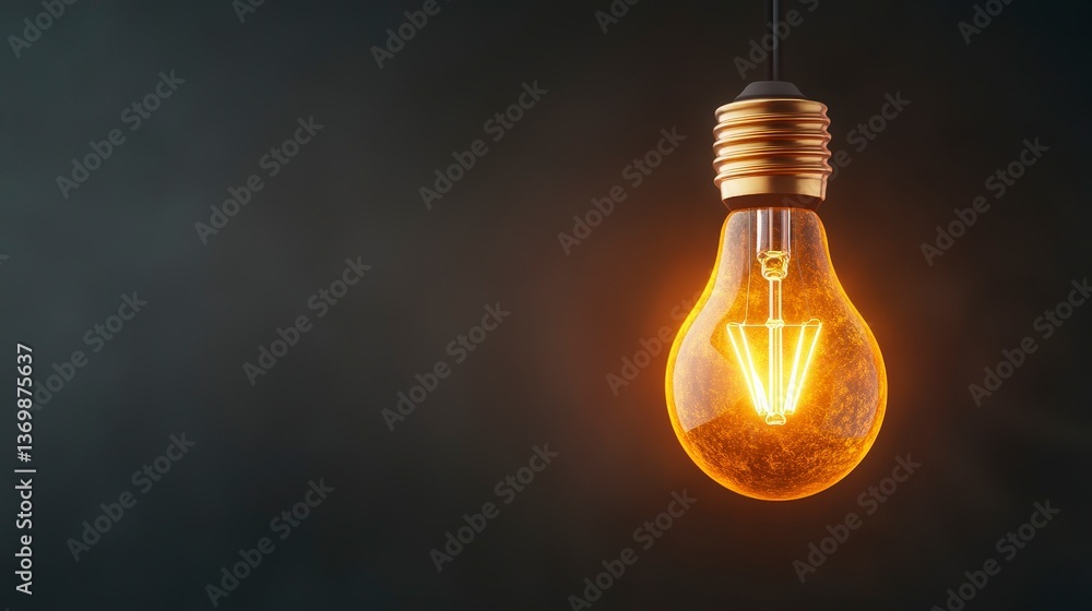 Poster golden glowing lightbulb floating in dark background with warm glow and soft light effect