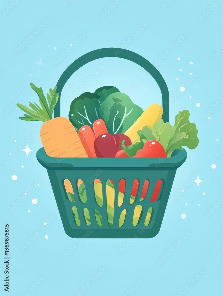 Poster Minimalistic illustration of a green shopping basket with fresh vegetables and fruits on a soft pastel background Generative AI