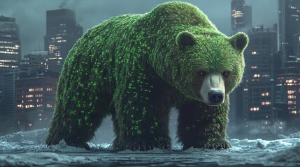 Green candlestick charts spiraling into a charging bear downtrend hologram, close up, focus on innovative trading systems, futuristic, fusion, backdrop of an illuminated skyline