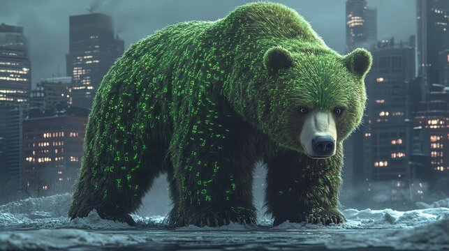 Green candlestick charts spiraling into a charging bear downtrend hologram, close up, focus on innovative trading systems, futuristic, fusion, backdrop of an illuminated skyline