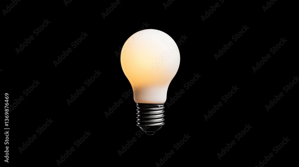 Poster minimalist concept of a single glowing lightbulb on a black background for modern design use